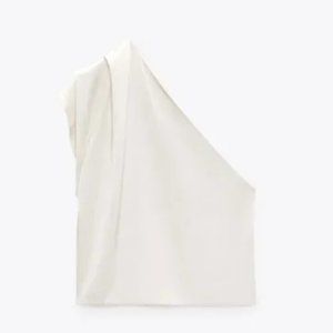 ZARA IVORY SATIN EFFECT STRETCH ASYMMETRICAL RUCHED TOP BLOUSE